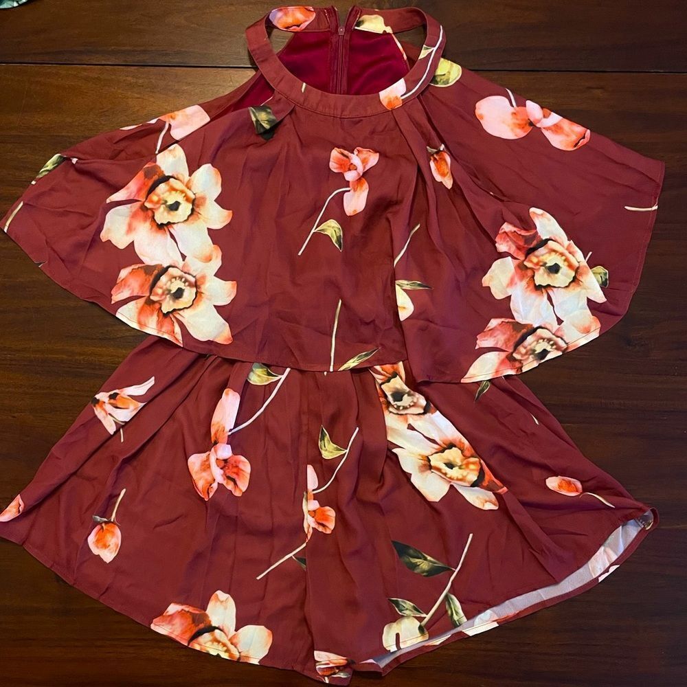 Floral Wine Colored Spring Romper Medium
